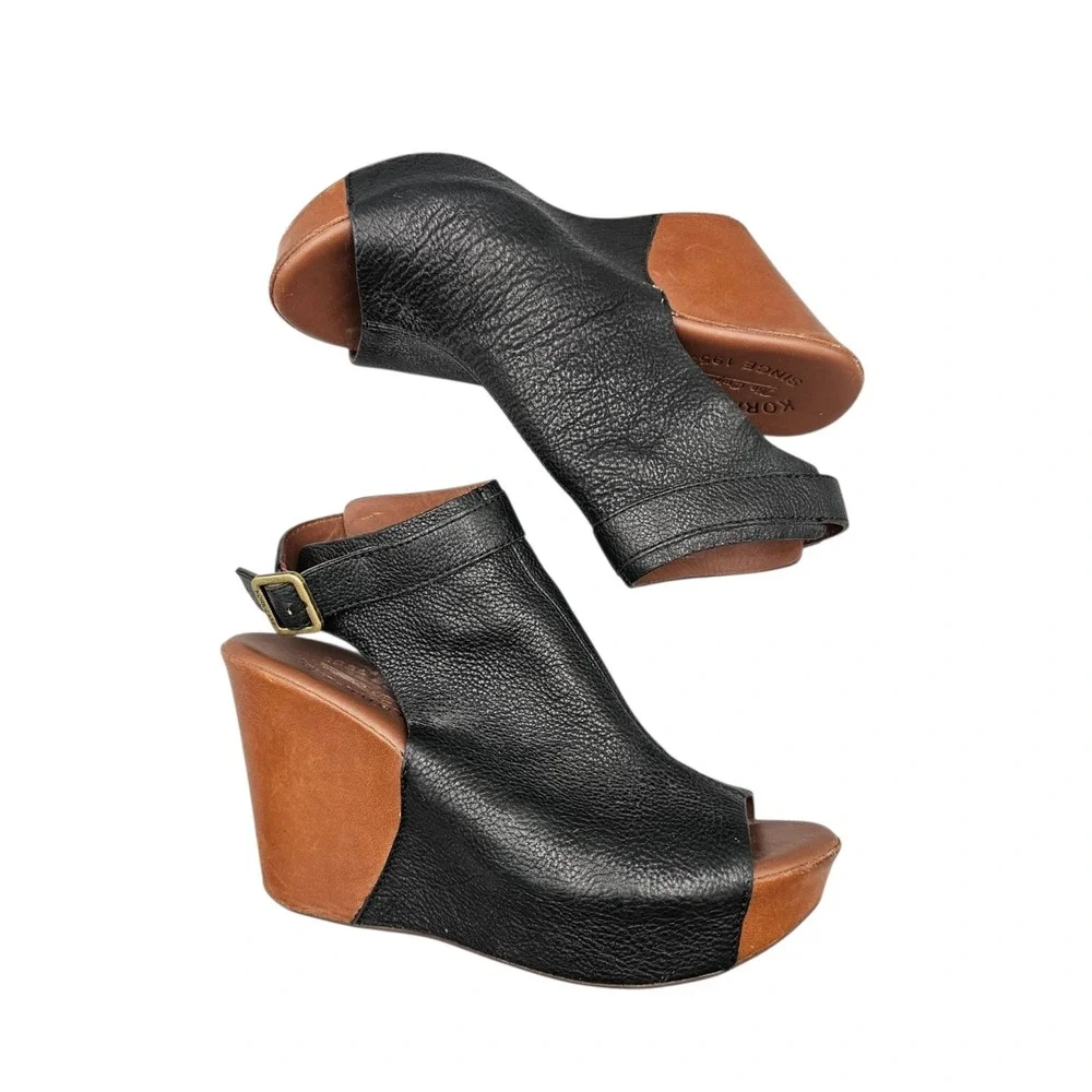 Kork-Ease Berit Black Leather Peep Toe Wedge Slingback Sandals Heels Women's 6 M